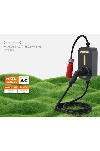 Fotec Visio Go-e 22kw 5m Kablolu Taşınabilir Elektrikli Araç Şarj Istasyonu - Monofaze Dönüştürücü Adaptörlü, Type 2, Trifaze Yerli Üretim 22 Kw