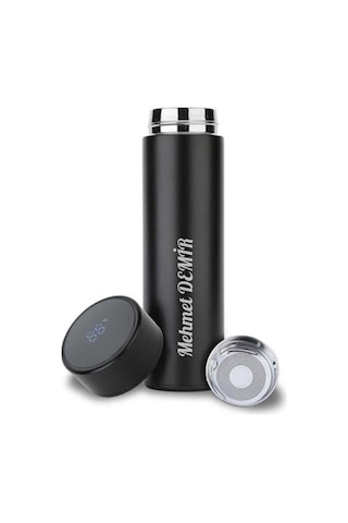 Lazer İşlemeli Paslanmaz Çelik Kişiye Özel İsim Yazılı Dijital Ekran Sıcak Soğuk Termos İçecek 500ml Siyah