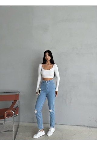 Kadın Mavi Likralı Diz Yırtmaçlı Dar Paça Jean Lazer Yırtıklı Kot Pantolon Mavi