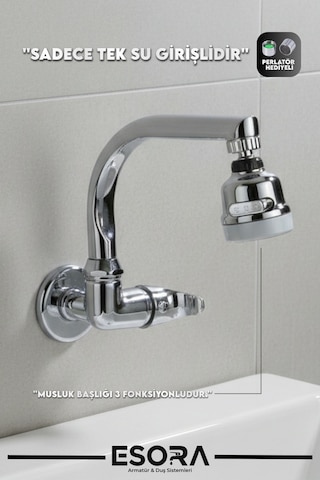 Duvardan Balık Sırtı Borulu 3 Fonsiyonlu Başlıklı Tek Su Girişli Banyo Lavabo Bataryası Krom