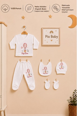 Pia Baby Kişiye Özel %100 Pamuk 5 Parça Kız Bebek Zıbın Seti 2062z3x Krem