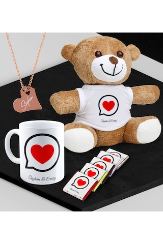 Kişiye Özel Sevgili Peluş Ayı Kupa Madlen Çikolata Ve Rose Kalp Kolye Set - 80