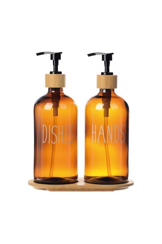 Amber Cam İkili Sıvı Sabunluk Seti 500 Ml Bambu Altlıklı Sarı