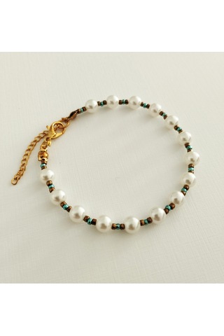 B215 İnci Boncuklu Bileklik Altın - Beyaz