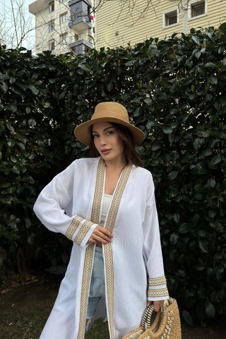 Kadın Beyaz Müslin Kumaş, Hasır Şerit Detaylı Salaş Kimono Ceket Beyaz