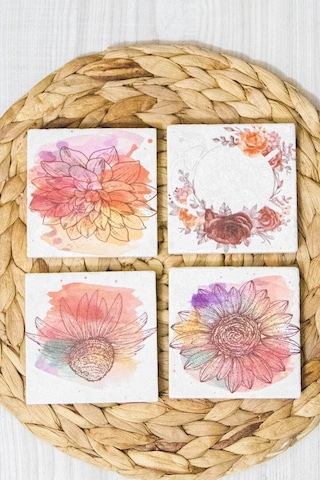 Doğal Taş Bardak Altlığı 4'lü Set 10x10x1 Cm - Çiçek Baskılı Doğaltaş Çok Renkli