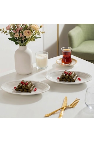 Porsima 4464 Beliz Porselen Kayık Tabak Seti - Oval Kahvaltılık Sunumluk Seti 20cm Beyaz
