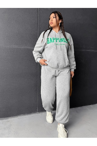 Eşofman Takımı Sweatshirt - Gri Baskılı Oversize Şardonlu Kapüşonlu Gri