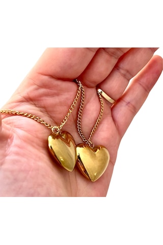 Aşk Temalı Kalp Detaylı Sevgili Çelik Kolye Seti