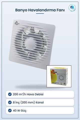 Banyo Tuvalet Havalandırma Aspiratörü 8 İnç 200 Mm M³/h 40w Nem K