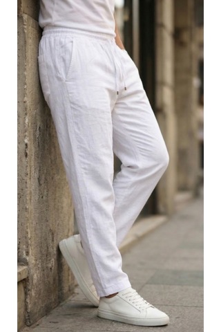 Efnaz Style Erkek İç Göstermez Yıkamalı Genişkalıp Keten Pantolon Beyaz
