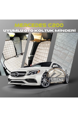 Mercedes C200 Bej Renk Tay Tüyü Cepli & Terletmez Sırtlı Oto Koltuk Minder Seti - Koltuk Koruma Kılıfı Ön & Arka Tam Set