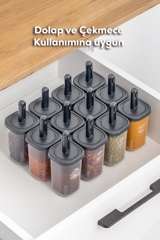 Porsima 1097 Kaydırmalı Kaşıklı Baharatlık Seti 12'li  Şeffaf - Antrasit