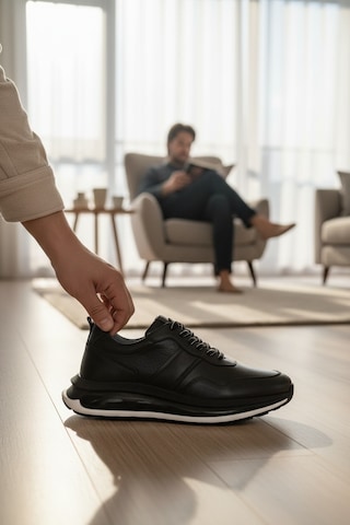 Enoch Erkek Hakiki Deri Yüksek Esnek Tabanlı Günlük Spor Ayakkabı Sneaker Siyah - Beyaz