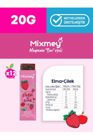 Mixmey Çilek Meyve Barı 12 Adet | Atıştırmalıklar – Vegan, Glutensiz, Koruyucusuz (20GR X 12 ADET)