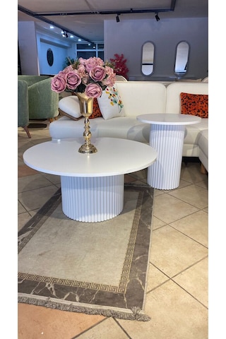 Most Bohem Orta Sehpa 2'li Set %100 Ahşap 85 Cm. Çap Beyaz