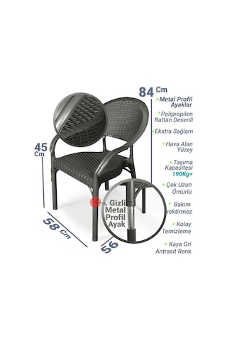 4 Adet Bambu Rattan Kollu Sandalye Koltuk Siyah Siyah