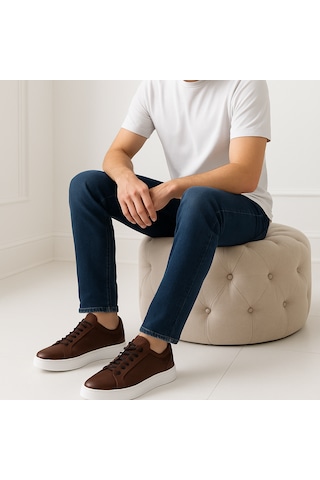 Growish Gre0065-7 Hakiki Deri Yüksek Beyaz Eva Taban Koku Yapmaz Kahverengi Sneakers Ayakkabı Kahverengi
