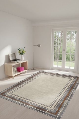 Modern Mimarlığın Zemindeki Yansıması Mermer Dokulu Çerçeveli Kaymaz Taban Halı Bej