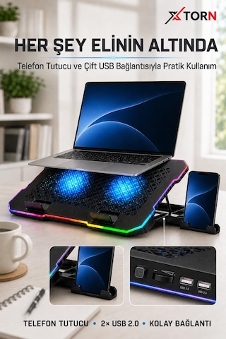 Torn Rgb Laptop Soğutucu 2 Fanlı Ayarlanabilir Standlı Notebook Soğutucu