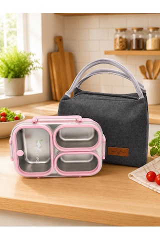 Valkyrie 304 Paslanmaz Çelik 3 Bölmeli Pembe Lunch Box Termal Çantalı Sızdırmaz Kapaklı Beslenme Kabı,