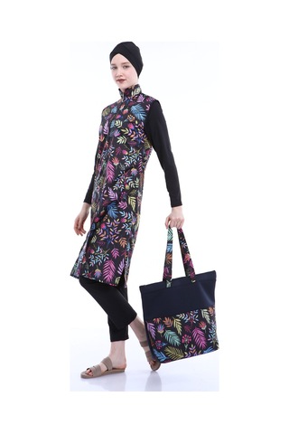 Tam Kapalı Tesettür Mayo Deniz Mayosu Renkli Çiçekler Td21-249 Siyah Siyah