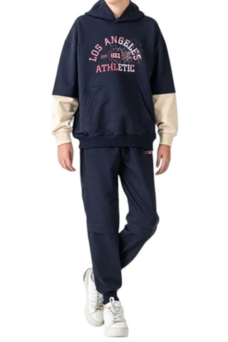 Erkek Çocuk Athletic Yazılı Kapüşonlu Kanguru Cepli Lacivert Renk Eşofman Takımı Lacivert