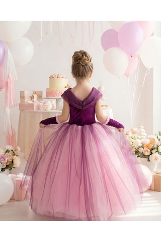 Butik Happy Kids Butikhappykids Kız Çocuk Kostüm Rapunzel Mor Düşük Omuz Detaylı Kasnaklı Kabarık Prenses Elbise 3-8 Yaş Taç Ve Eldiven Hediyeli Mor