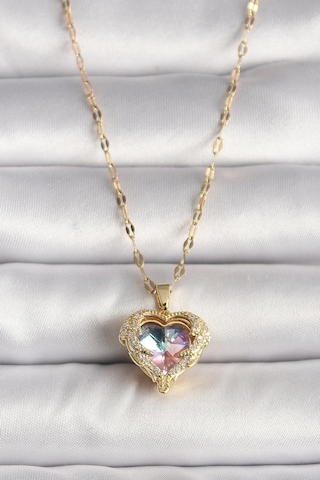 316l Çelik Gold Renk Zirkon Taşlı Renkli Kalp Model Kadın Kolye Çok Renkli