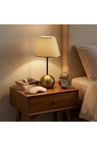 Dora Eskitme Gold Metal Ayaklı Abajur Hasır Başlıklı Vintage Gece Lambası