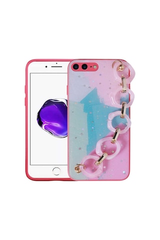 Goocamp Apple iPhone Uyumlu 7 Plus Kılıf Simli Desenli El Askılı Tutacaklı Elsa Silikon Kapak - P Pembe Koyu