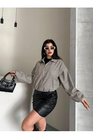 Ribana Classic Kadın Astarlı Uzun Kollu Çift Cepli Pıtıkareli Fermuarlı Kısa Bej Mont 4971 Bej