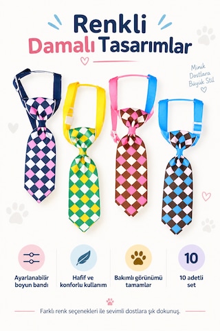 Showtech Kedi Ve Köpek Damalı Desenli Kravat Boyun Aksesuarı 10'lu Paket