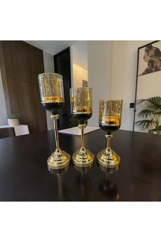 Noir Gold Şamdan Mumluk Seti Siyah & Altın Modern 3 Lü Lüks Masa Üstü Dekoratif Aksesuar Altın