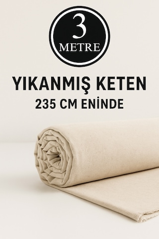 3 Metre Yıkanmış Ham Naturel Keten Kumaş - 235 Cm En - Organik - Doğal - Punch - Döşemelik Kumaş Bej