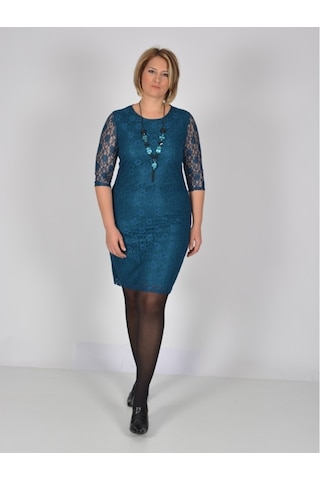Nidya Moda Büyük Beden Midi Kol Elbise-4009Bdp Petrol