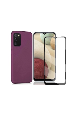 Samsung Galaxy Uyumlu A03s Esnek Soft Tasarım Dayanıklı Kılıf Ve Tam Kaplayan Cam Ekran Koruyucu Mor