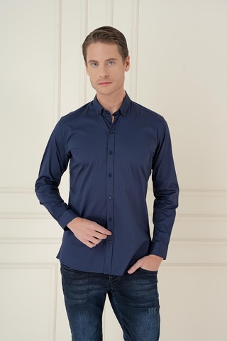 Efor Slim Fit Düğmeli Yaka Esnek Klasik Lacivert Gömlek Gk 746 Lacivert