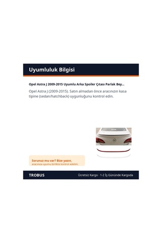 Trobus Opel Astra J 2009-2015 Uyumlu Arka Spoiler Çıtası Parlak Beyaz 120 Cm