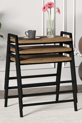 Zigon Sehpa , Aden 3'lü Tepsi Zigon Sehpa Takımı Siyah Metal - Atlantik Çam Tabla Siyah-atlantik Çam