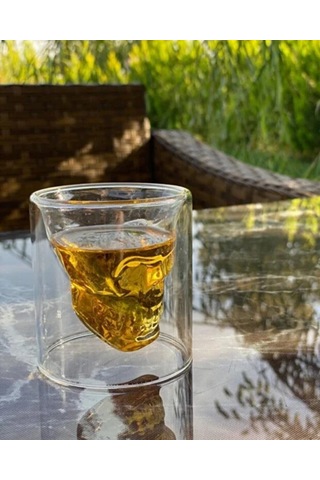 Kafatası Tasarımlı Cam Shot Bardağı Double Layer Skull Shot Glass Şeffaf Cam Şefaf