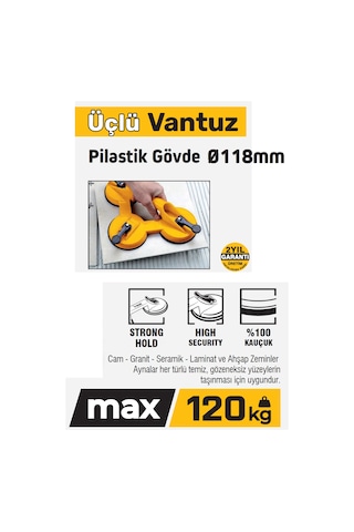 Sgs946 - 120 Kg Üçlü Plastik Gövde Cam Seramik Fayans Ahşap Tutma Taşıma Vantuzu 12cm + 12cm + 12cm