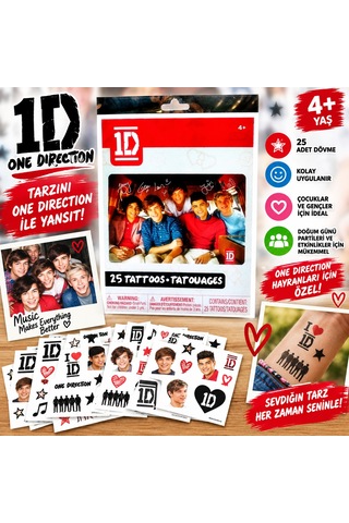 One Direction Dövme Seti 25 Adet Geçici Çocuk Dövmesi Eğlenceli Tattoo Seti 4+ Yaş