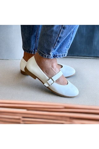 Ne&ve Shoes Beyaz Deri Tek Bantlı Yuvarlak Burun Kadın Babet