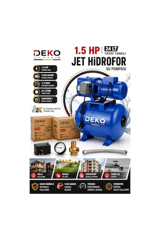 Deko Dkjet2490 1.5 Hp Bakır Sargılı Jet Hidrofor 24 Lt Otomatik Basınç Su Pompası Villa Bahçe