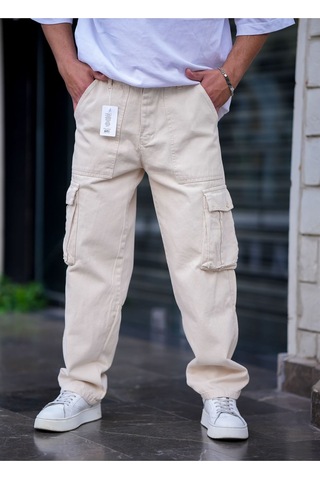 Cool Tarz Erkek Kargo Cep Baggy Pantolon Krem Rengi Krem Krem