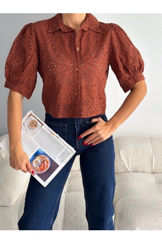 Brodeli Crop Gömlek S1023 Kahve