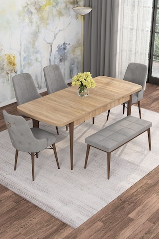 Mona Meşe 80x132 Açılabilir Mdf Masa Yemek Odası Takımı, Mutfak Takımı 4 Sandalye, 1 Bench Meşe Masa - 4+1 Gri - Ceviz Ayak