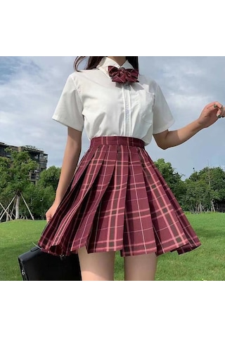 3 Adet Kadın Anime Okul Üniforması Seti Şarap Kırmızı Pilili Etekler Yaz Jk Gömlek Uzun Kollu Ceket Mini Ekose Etek Takım Elbise Şarap Kırmızısı&beyaz Bordo - Beyaz