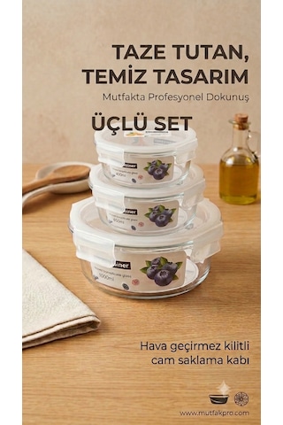 Çemi 3'lü Kilitli Yuvarlak Cam Saklama Kabı Seti Hava Geçirmez Saklama Kabı